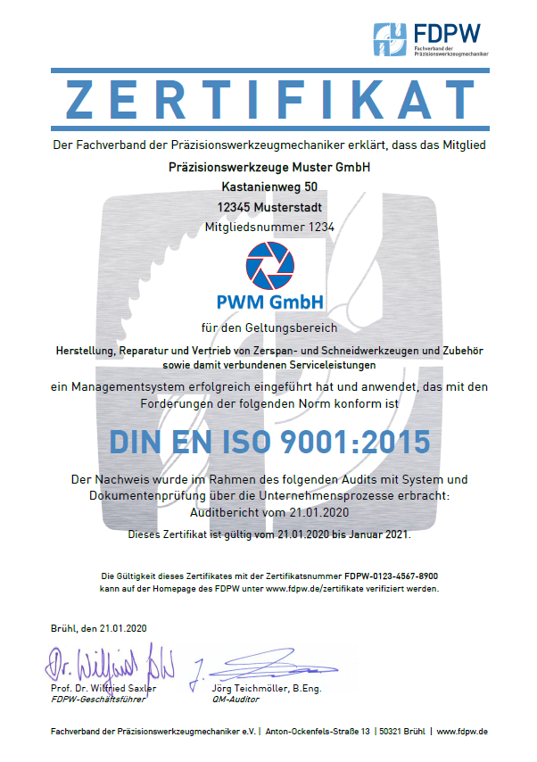 ISO 9001 Zertifikat Beispiel